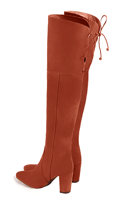 Terracotta orange women's leather thigh-high boots. Round toe. High block heels. Made to measure. Rear view - Florence KOOIJMAN